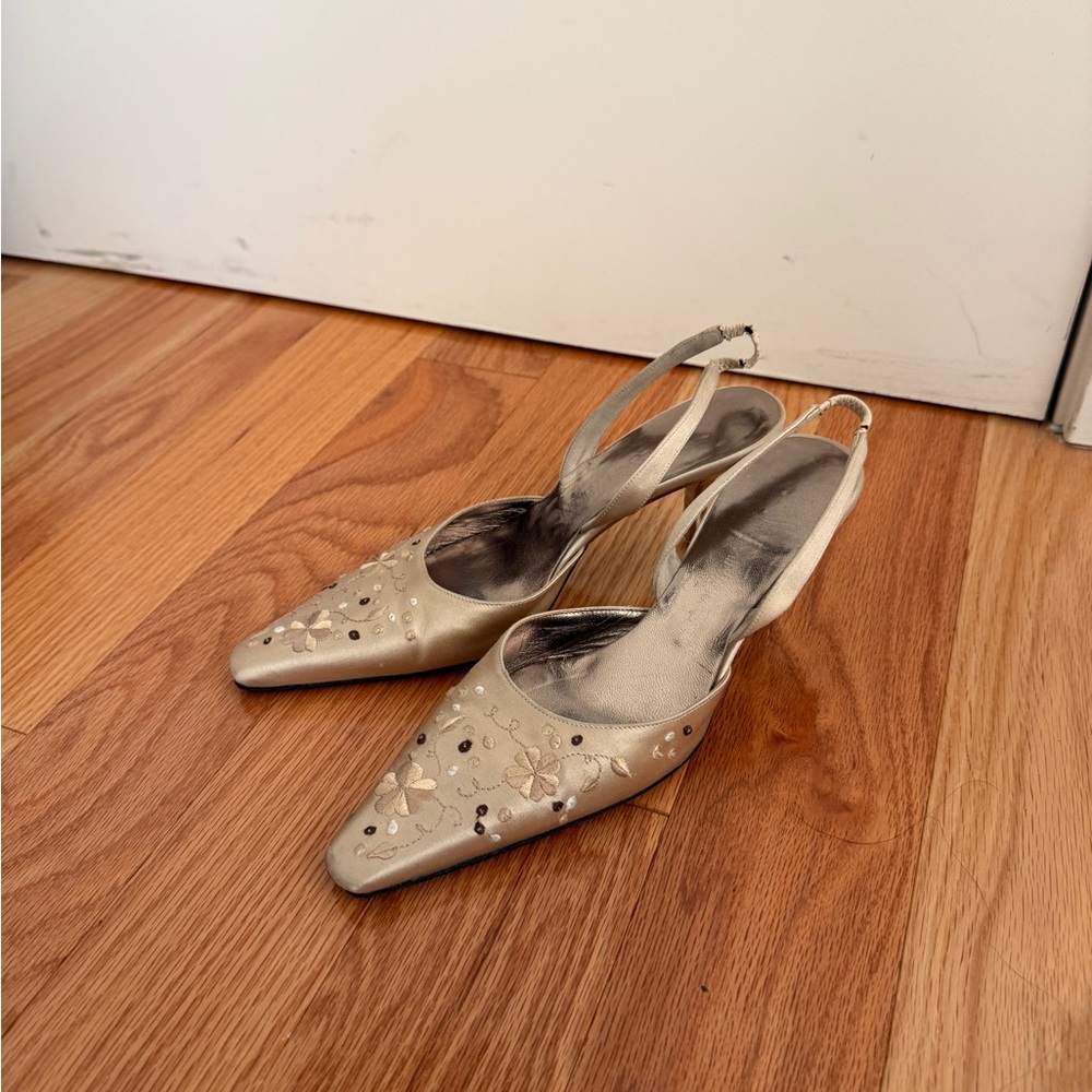 Vintage YSL Yves Saint Laurent Silver metallic kitten heel sandals